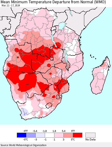 Southern Africa Mean Minimum Temperature Departure from Normal (WMO) Thematic Map For 3/11/2024 - 3/17/2024