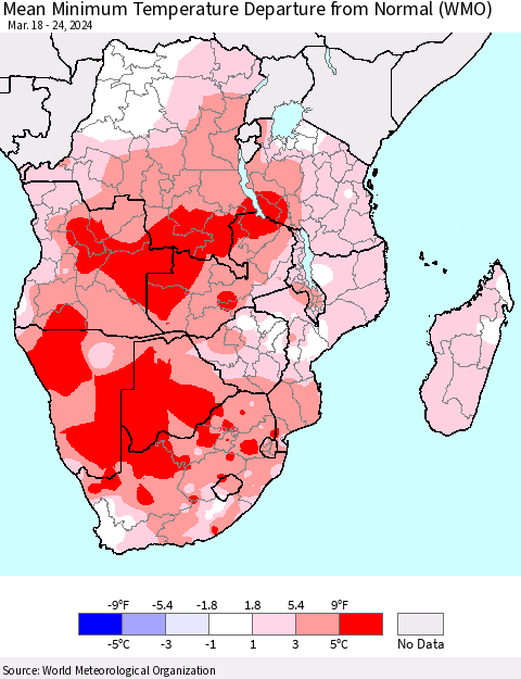 Southern Africa Mean Minimum Temperature Departure from Normal (WMO) Thematic Map For 3/18/2024 - 3/24/2024