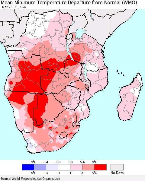 Southern Africa Mean Minimum Temperature Departure from Normal (WMO) Thematic Map For 3/25/2024 - 3/31/2024