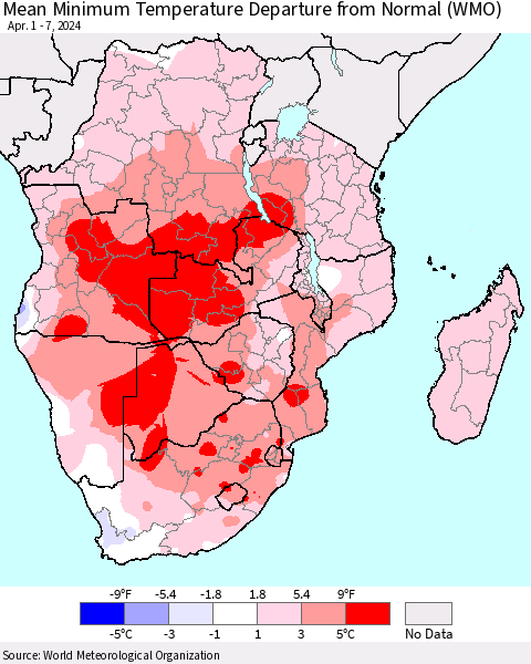 Southern Africa Mean Minimum Temperature Departure from Normal (WMO) Thematic Map For 4/1/2024 - 4/7/2024
