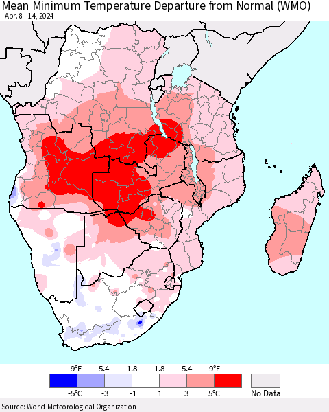 Southern Africa Mean Minimum Temperature Departure from Normal (WMO) Thematic Map For 4/8/2024 - 4/14/2024