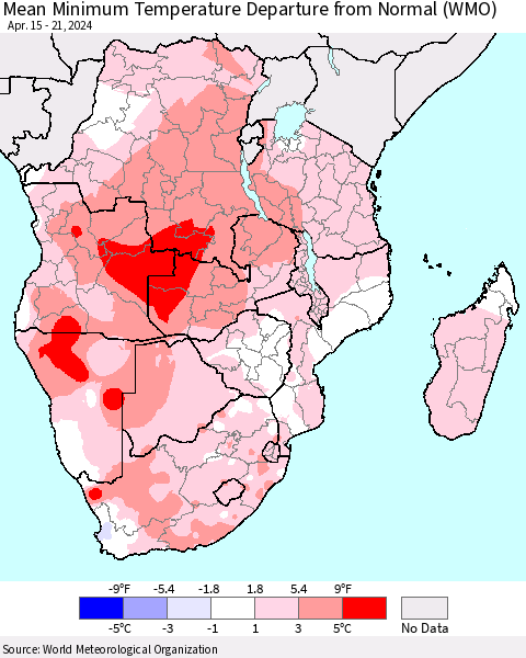 Southern Africa Mean Minimum Temperature Departure from Normal (WMO) Thematic Map For 4/15/2024 - 4/21/2024