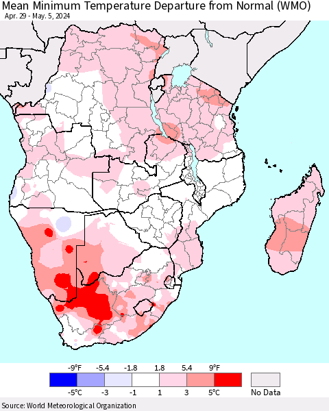 Southern Africa Mean Minimum Temperature Departure from Normal (WMO) Thematic Map For 4/29/2024 - 5/5/2024