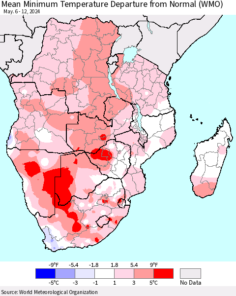 Southern Africa Mean Minimum Temperature Departure from Normal (WMO) Thematic Map For 5/6/2024 - 5/12/2024