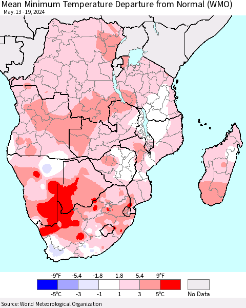 Southern Africa Mean Minimum Temperature Departure from Normal (WMO) Thematic Map For 5/13/2024 - 5/19/2024