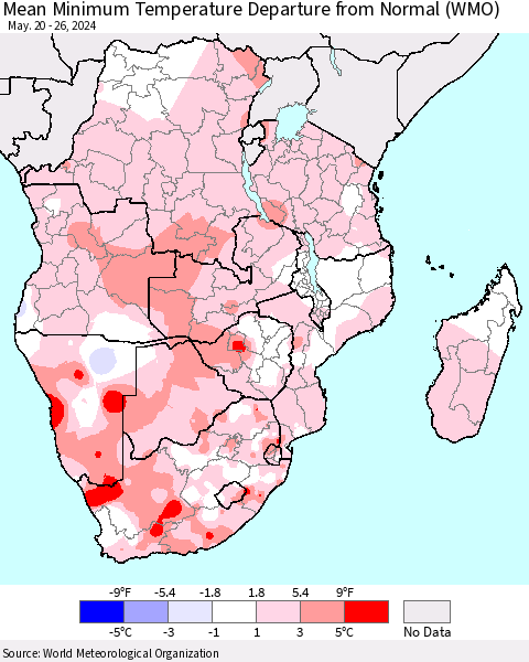 Southern Africa Mean Minimum Temperature Departure from Normal (WMO) Thematic Map For 5/20/2024 - 5/26/2024
