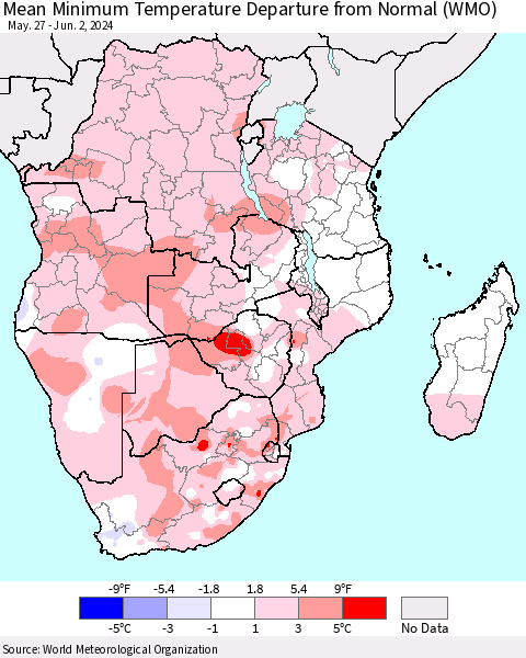 Southern Africa Mean Minimum Temperature Departure from Normal (WMO) Thematic Map For 5/27/2024 - 6/2/2024