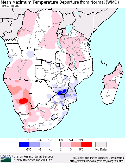 Southern Africa Mean Maximum Temperature Departure from Normal (WMO) Thematic Map For 10/4/2021 - 10/10/2021