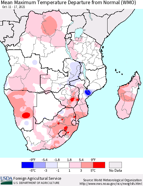 Southern Africa Mean Maximum Temperature Departure from Normal (WMO) Thematic Map For 10/11/2021 - 10/17/2021