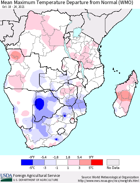 Southern Africa Mean Maximum Temperature Departure from Normal (WMO) Thematic Map For 10/18/2021 - 10/24/2021