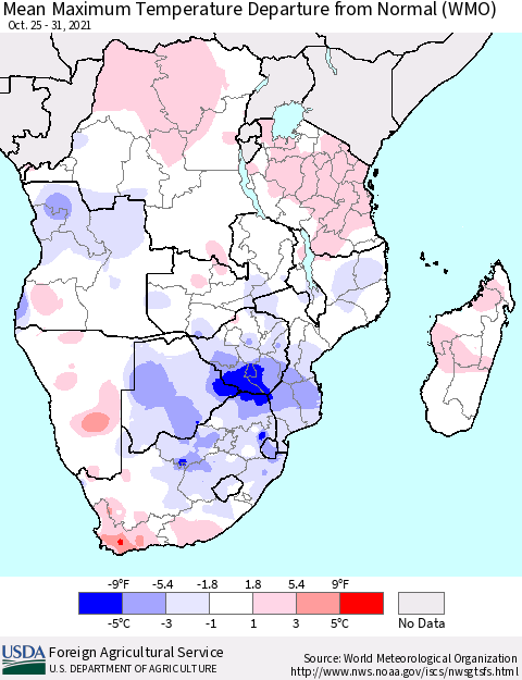 Southern Africa Mean Maximum Temperature Departure from Normal (WMO) Thematic Map For 10/25/2021 - 10/31/2021