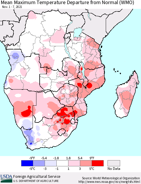 Southern Africa Mean Maximum Temperature Departure from Normal (WMO) Thematic Map For 11/1/2021 - 11/7/2021