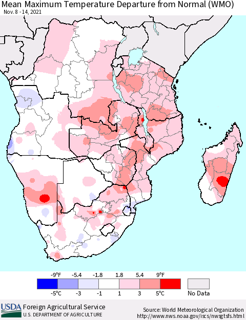 Southern Africa Mean Maximum Temperature Departure from Normal (WMO) Thematic Map For 11/8/2021 - 11/14/2021