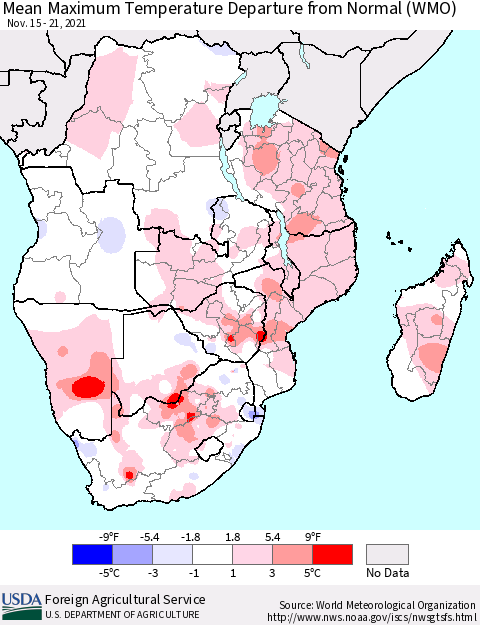 Southern Africa Mean Maximum Temperature Departure from Normal (WMO) Thematic Map For 11/15/2021 - 11/21/2021