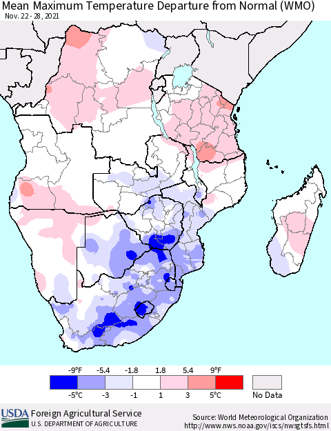 Southern Africa Mean Maximum Temperature Departure from Normal (WMO) Thematic Map For 11/22/2021 - 11/28/2021