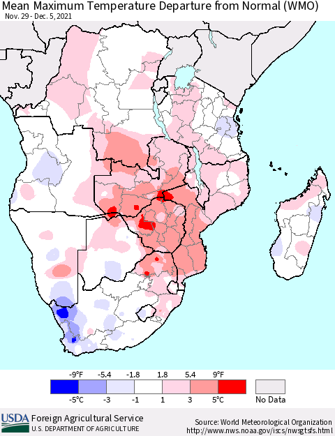 Southern Africa Mean Maximum Temperature Departure from Normal (WMO) Thematic Map For 11/29/2021 - 12/5/2021