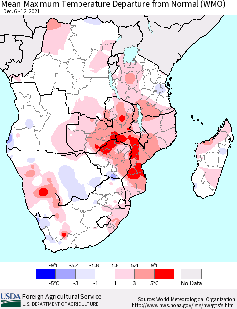 Southern Africa Mean Maximum Temperature Departure from Normal (WMO) Thematic Map For 12/6/2021 - 12/12/2021