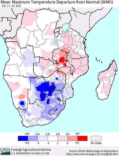 Southern Africa Mean Maximum Temperature Departure from Normal (WMO) Thematic Map For 12/13/2021 - 12/19/2021