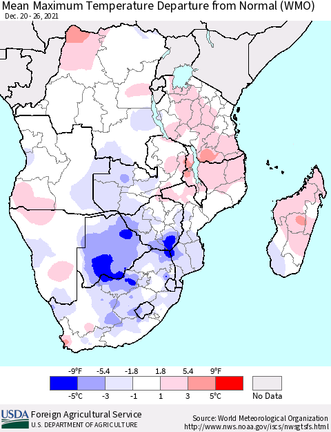 Southern Africa Mean Maximum Temperature Departure from Normal (WMO) Thematic Map For 12/20/2021 - 12/26/2021