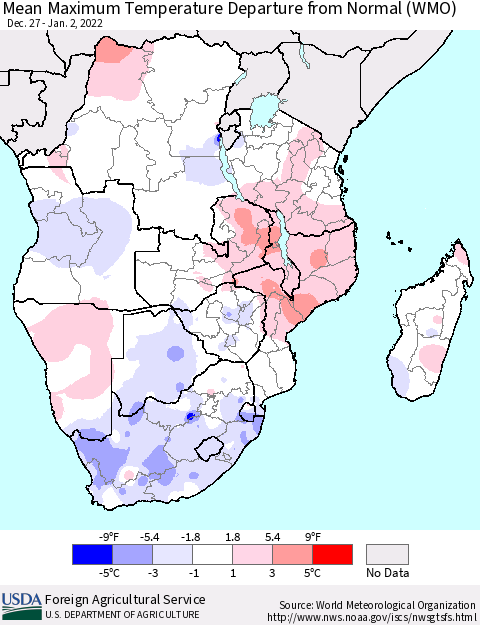 Southern Africa Mean Maximum Temperature Departure from Normal (WMO) Thematic Map For 12/27/2021 - 1/2/2022