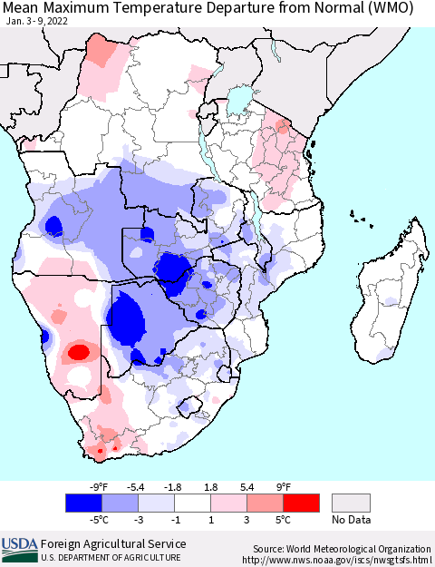Southern Africa Mean Maximum Temperature Departure from Normal (WMO) Thematic Map For 1/3/2022 - 1/9/2022