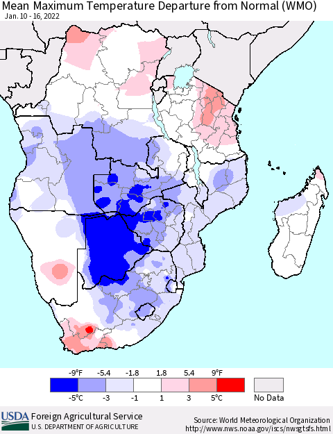Southern Africa Mean Maximum Temperature Departure from Normal (WMO) Thematic Map For 1/10/2022 - 1/16/2022
