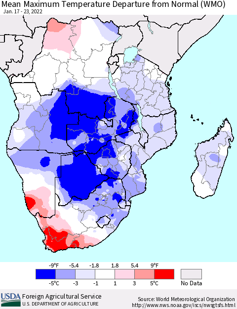Southern Africa Mean Maximum Temperature Departure from Normal (WMO) Thematic Map For 1/17/2022 - 1/23/2022