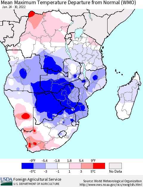 Southern Africa Mean Maximum Temperature Departure from Normal (WMO) Thematic Map For 1/24/2022 - 1/30/2022