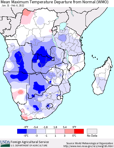 Southern Africa Mean Maximum Temperature Departure from Normal (WMO) Thematic Map For 1/31/2022 - 2/6/2022