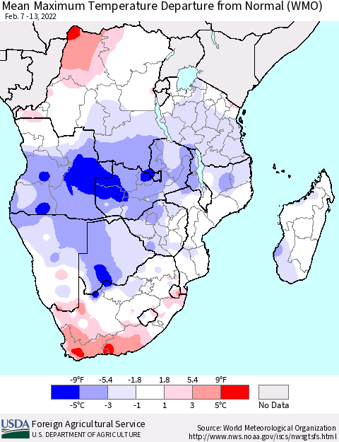 Southern Africa Mean Maximum Temperature Departure from Normal (WMO) Thematic Map For 2/7/2022 - 2/13/2022