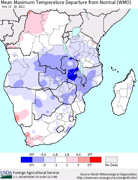 Southern Africa Mean Maximum Temperature Departure from Normal (WMO) Thematic Map For 2/14/2022 - 2/20/2022