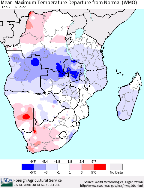 Southern Africa Mean Maximum Temperature Departure from Normal (WMO) Thematic Map For 2/21/2022 - 2/27/2022