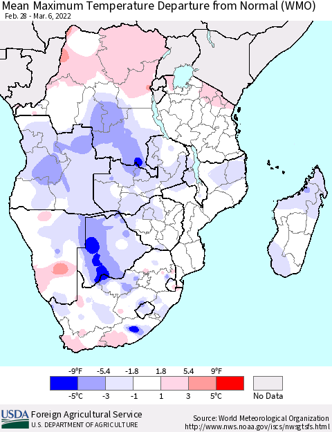 Southern Africa Mean Maximum Temperature Departure from Normal (WMO) Thematic Map For 2/28/2022 - 3/6/2022