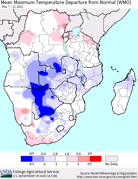 Southern Africa Mean Maximum Temperature Departure from Normal (WMO) Thematic Map For 3/7/2022 - 3/13/2022
