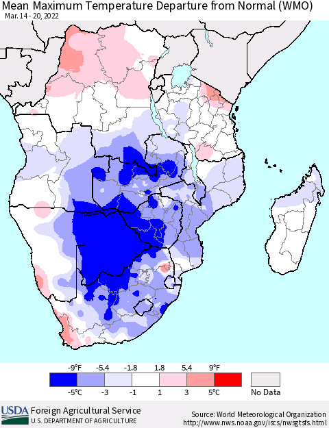 Southern Africa Mean Maximum Temperature Departure from Normal (WMO) Thematic Map For 3/14/2022 - 3/20/2022