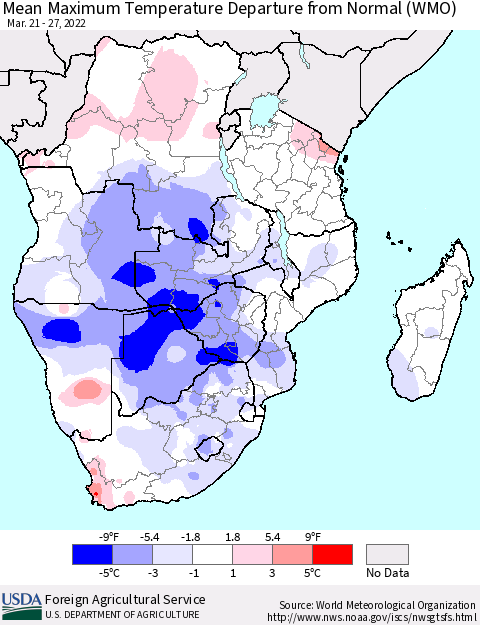 Southern Africa Mean Maximum Temperature Departure from Normal (WMO) Thematic Map For 3/21/2022 - 3/27/2022