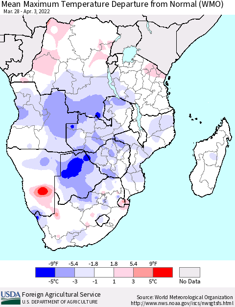 Southern Africa Mean Maximum Temperature Departure from Normal (WMO) Thematic Map For 3/28/2022 - 4/3/2022