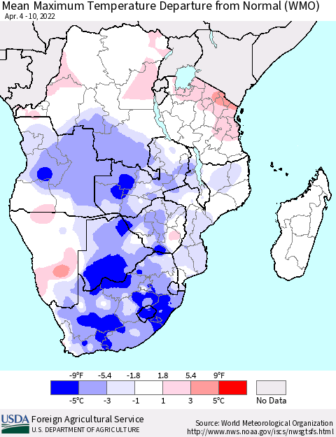 Southern Africa Mean Maximum Temperature Departure from Normal (WMO) Thematic Map For 4/4/2022 - 4/10/2022