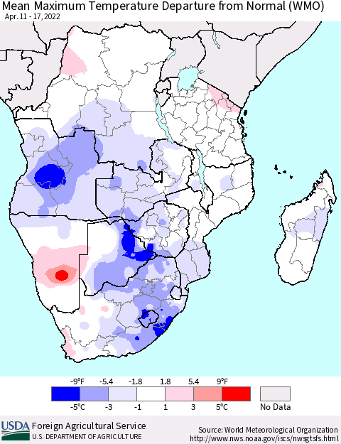Southern Africa Mean Maximum Temperature Departure from Normal (WMO) Thematic Map For 4/11/2022 - 4/17/2022