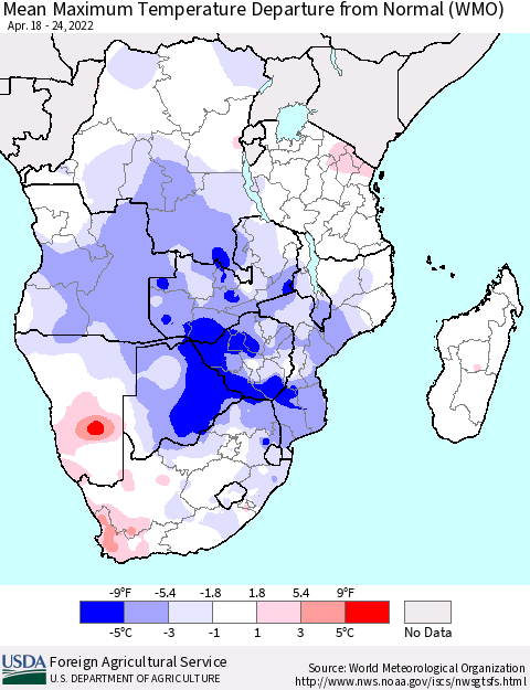 Southern Africa Mean Maximum Temperature Departure from Normal (WMO) Thematic Map For 4/18/2022 - 4/24/2022