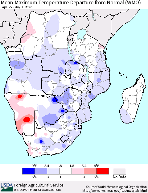 Southern Africa Mean Maximum Temperature Departure from Normal (WMO) Thematic Map For 4/25/2022 - 5/1/2022
