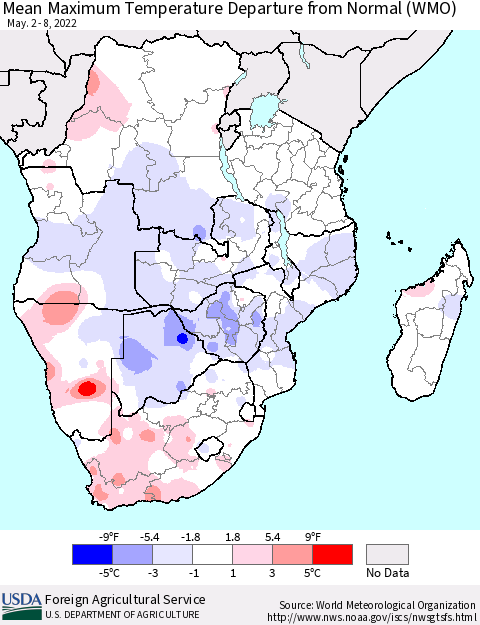 Southern Africa Mean Maximum Temperature Departure from Normal (WMO) Thematic Map For 5/2/2022 - 5/8/2022
