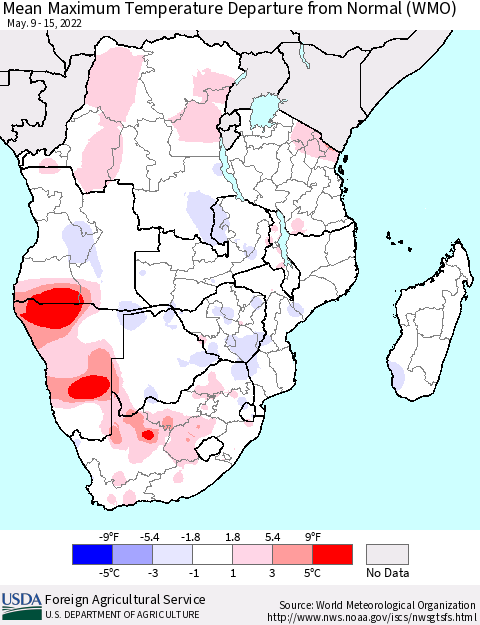 Southern Africa Mean Maximum Temperature Departure from Normal (WMO) Thematic Map For 5/9/2022 - 5/15/2022