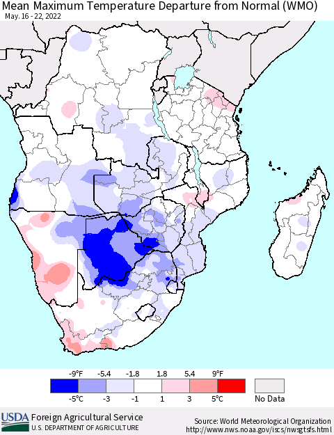 Southern Africa Mean Maximum Temperature Departure from Normal (WMO) Thematic Map For 5/16/2022 - 5/22/2022
