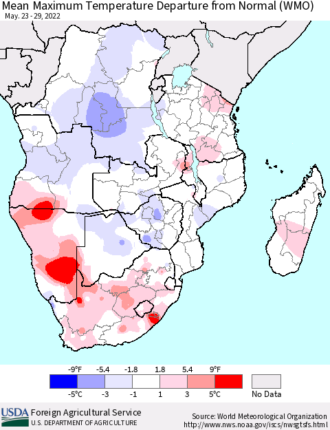 Southern Africa Mean Maximum Temperature Departure from Normal (WMO) Thematic Map For 5/23/2022 - 5/29/2022
