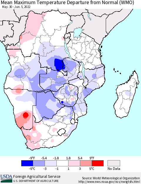 Southern Africa Mean Maximum Temperature Departure from Normal (WMO) Thematic Map For 5/30/2022 - 6/5/2022