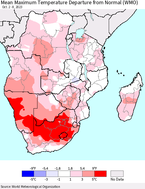 Southern Africa Mean Maximum Temperature Departure from Normal (WMO) Thematic Map For 10/2/2023 - 10/8/2023