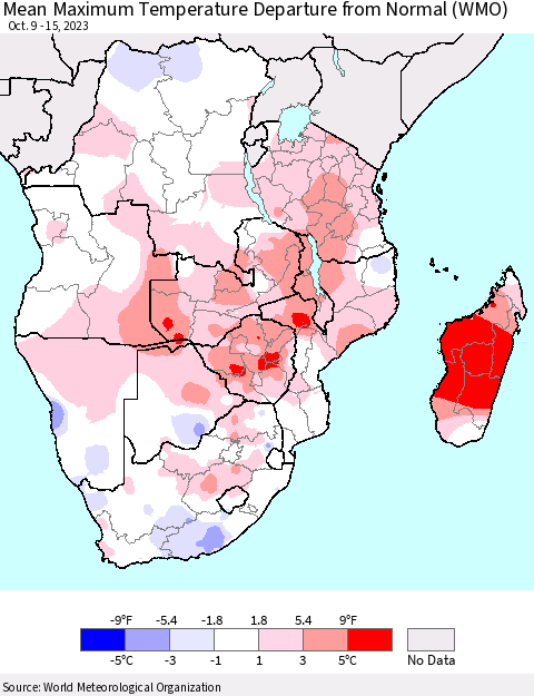 Southern Africa Mean Maximum Temperature Departure from Normal (WMO) Thematic Map For 10/9/2023 - 10/15/2023
