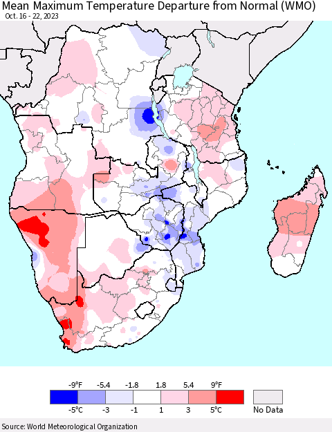 Southern Africa Mean Maximum Temperature Departure from Normal (WMO) Thematic Map For 10/16/2023 - 10/22/2023