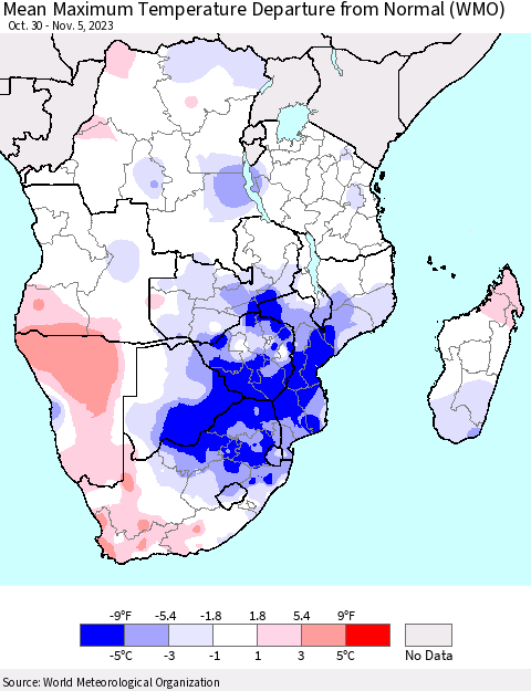 Southern Africa Mean Maximum Temperature Departure from Normal (WMO) Thematic Map For 10/30/2023 - 11/5/2023